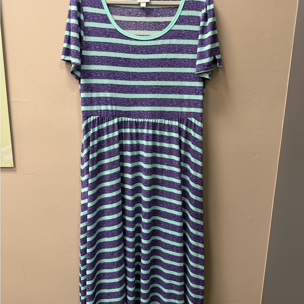 LuLaRoe Riley empire-waist midi dress in purple and teal stripes.